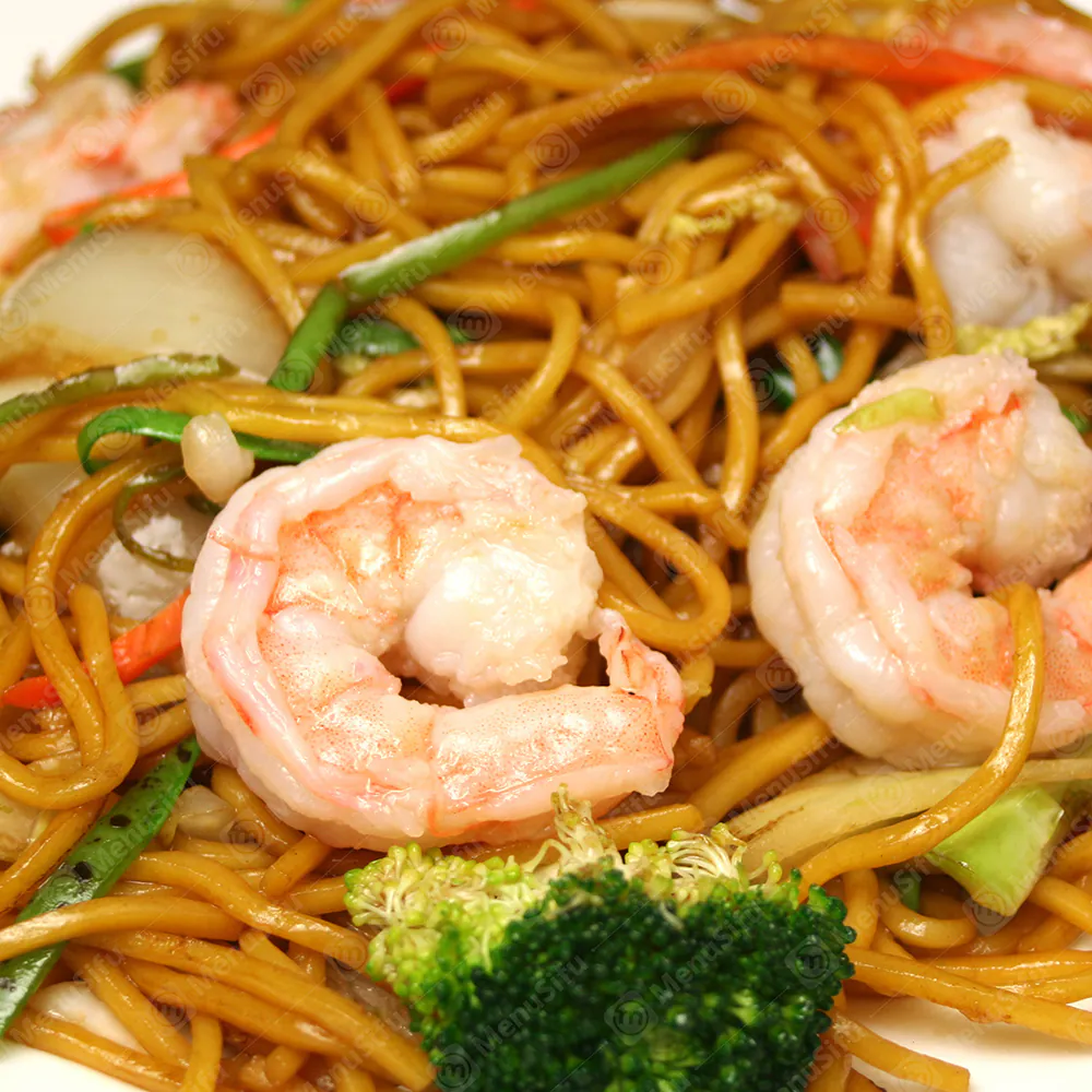 Shrimp chow mein with broccoli and vegetables at China Garden, a Chinese Restaurant in Jefferson